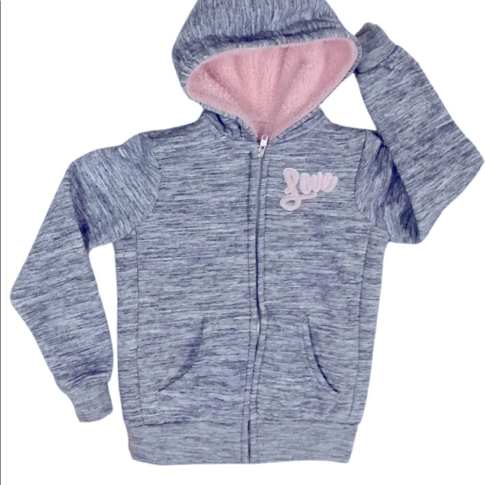 Vintage Girls Hooded Cotton Cloth Jacket LOVE Fur Lined Gray Pink Size 6 Hoodie